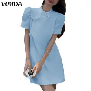 Vonda ชุดเดรสคอกลมแขนสั้นเกาหลีสําหรับผู้หญิง