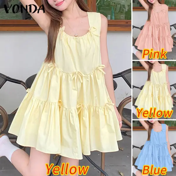 Vonda ชุดเดรสแฟชั่นแขนกุดคอกลมลําลองเกาหลีสําหรับผู้หญิง - Image 3