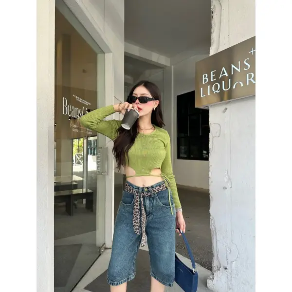 Vogue พร้อมส่ง  เสื้อครอปไหมพรมแขนยาว คอกลม ผ้าร่องเล็ก ยืดตามตัวสีสดใส (5597) - Image 6